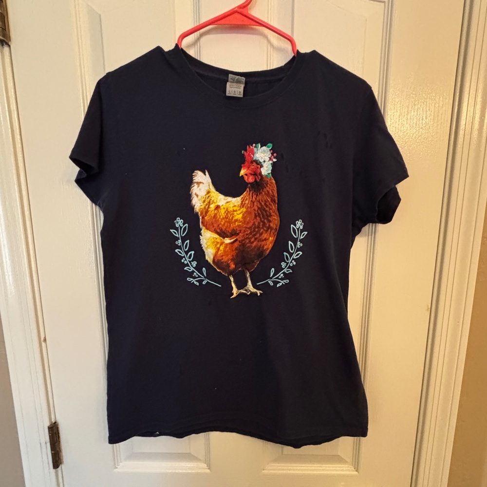 Chicken Hen Floral Graphic Blue Short-Sleeve T-Shirt 100% Cotton Women’s Large - Picture 1 of 6